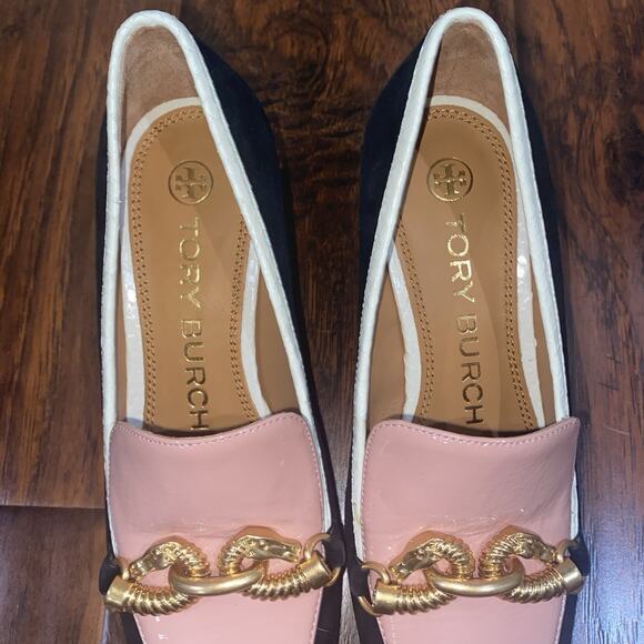 TORY BURCH Jessa Mid Heel Pump Loafers 5 Black Suede Pink Leather Slip On Gold - Picture 8 of 9